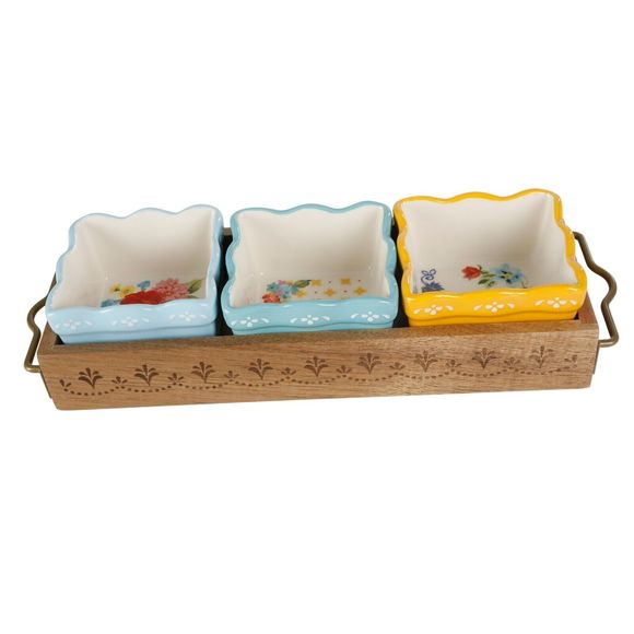 Pioneer Woman Floral Condiment Dish Set Mini Dip Square Bowls Acacia Wood Tray - Picture 11 of 16